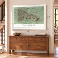 Meadows Place, Texas map, 24 x 36 inch print in a white frame above a dresser by a staircase
