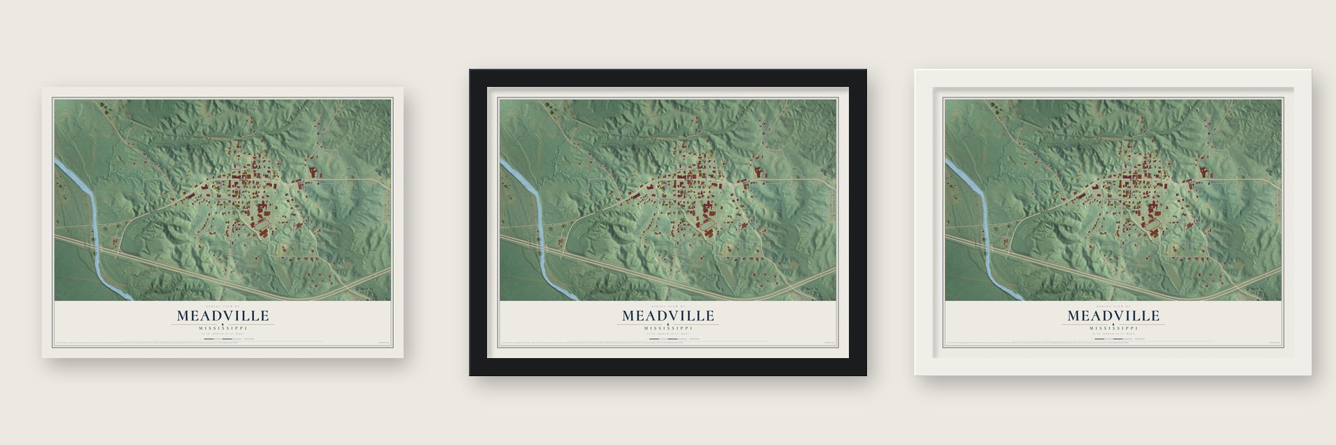Meadville, Mississippi map unframed, in a black wood frame and in a white wood frame