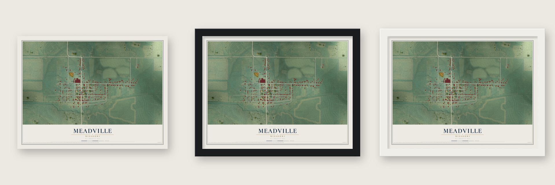 Meadville, Missouri map unframed, in a black wood frame and in a white wood frame