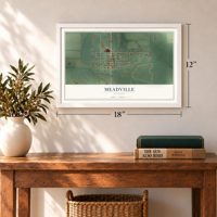 Meadville, Missouri map, 12 x 18 inch print in a white frame in an entryway