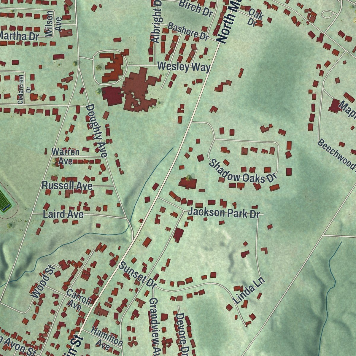 Second close-up of the map of Meadville, Pennsylvania print showing more streets and buildings