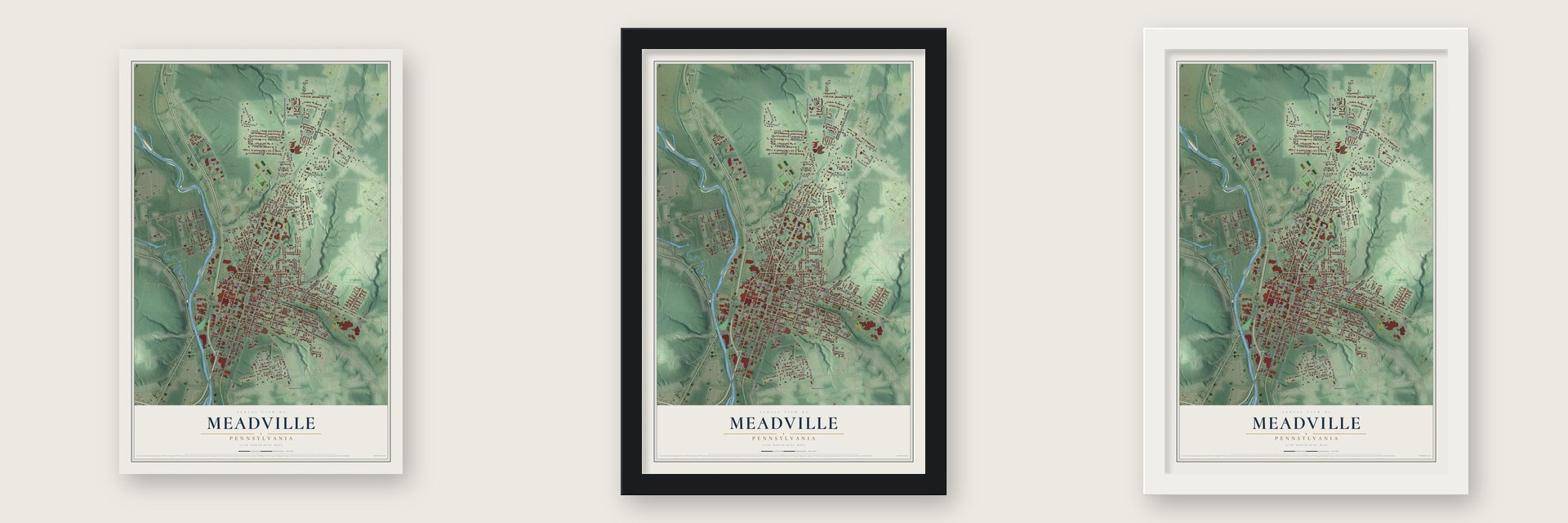 Meadville, Pennsylvania map unframed, in a black wood frame and in a white wood frame