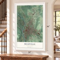 Meadville, Pennsylvania map, 24 x 36 inch print in a white frame by a staircase