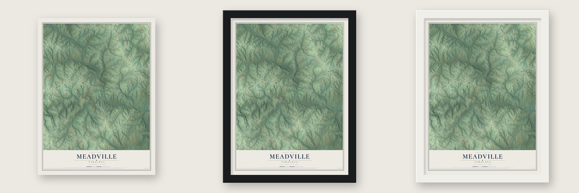Meadville, Virginia map unframed, in a black wood frame and in a white wood frame