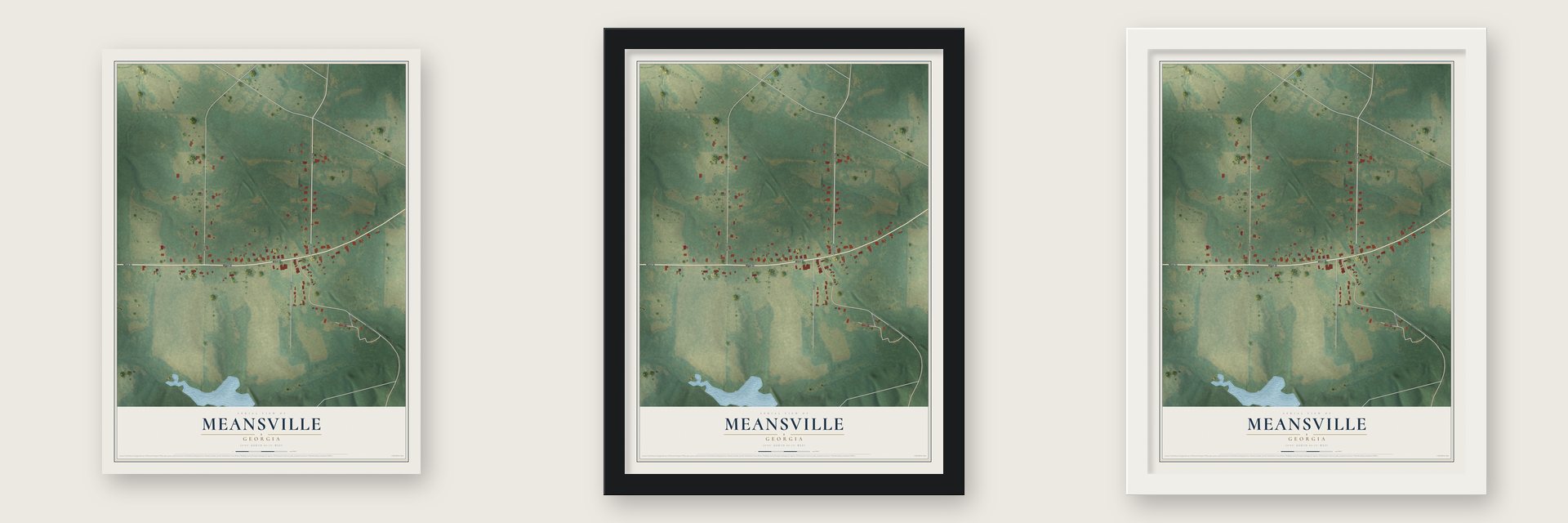 Meansville, Georgia map unframed, in a black wood frame and in a white wood frame