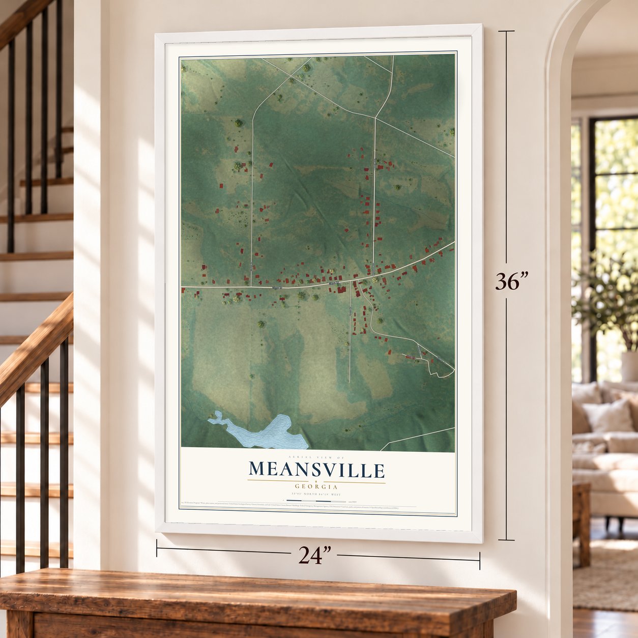 Meansville, Georgia map, 24 x 36 inch print in a white frame by a staircase