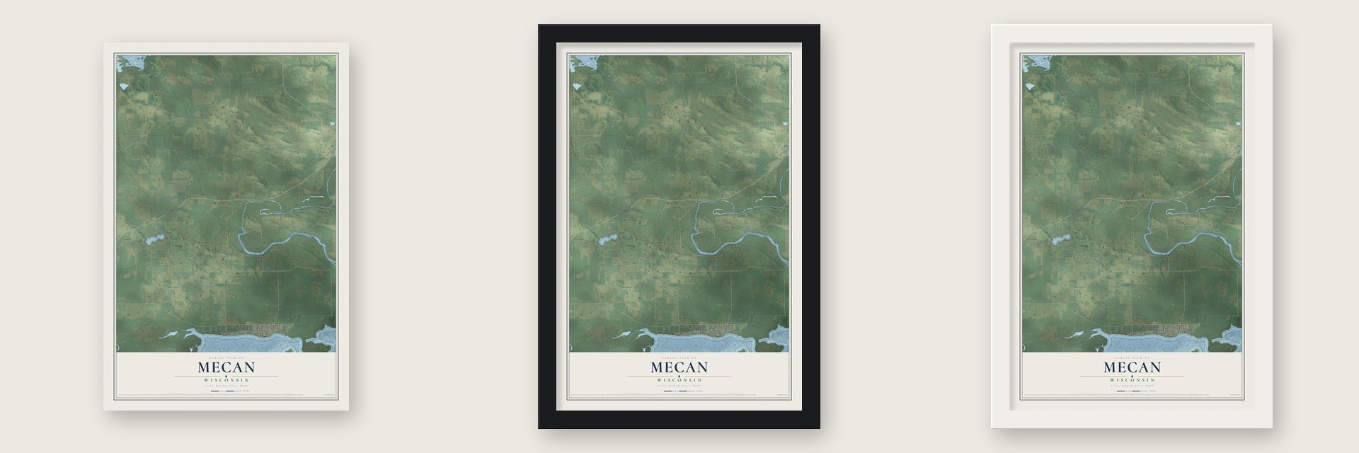 Mecan, Wisconsin map unframed, in a black wood frame and in a white wood frame