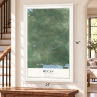 Mecan, Wisconsin map, 24 x 36 inch print in a white frame by a staircase