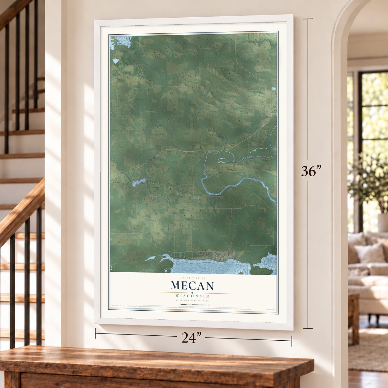 Mecan, Wisconsin map, 24 x 36 inch print in a white frame by a staircase