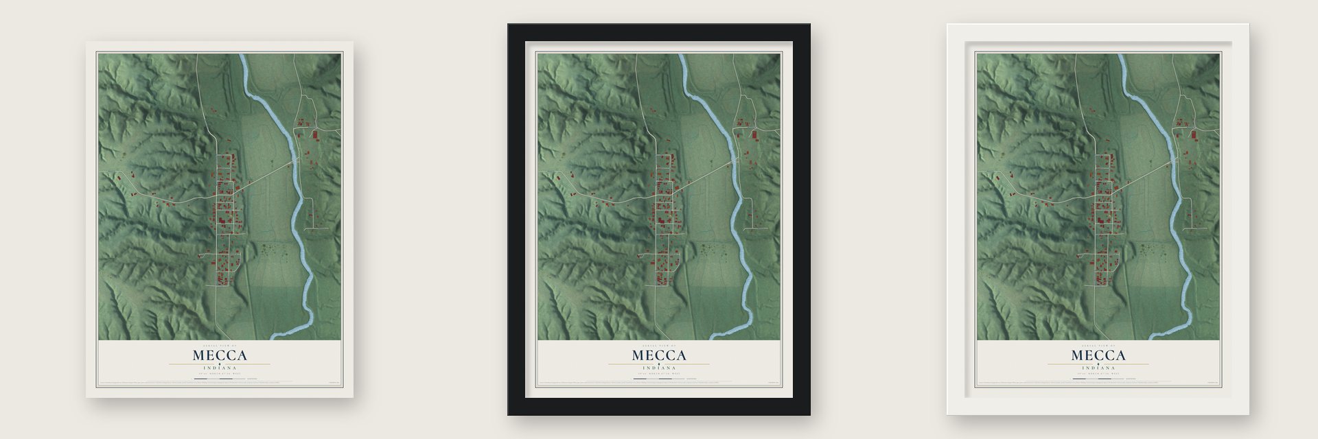 Mecca, Indiana map unframed, in a black wood frame and in a white wood frame