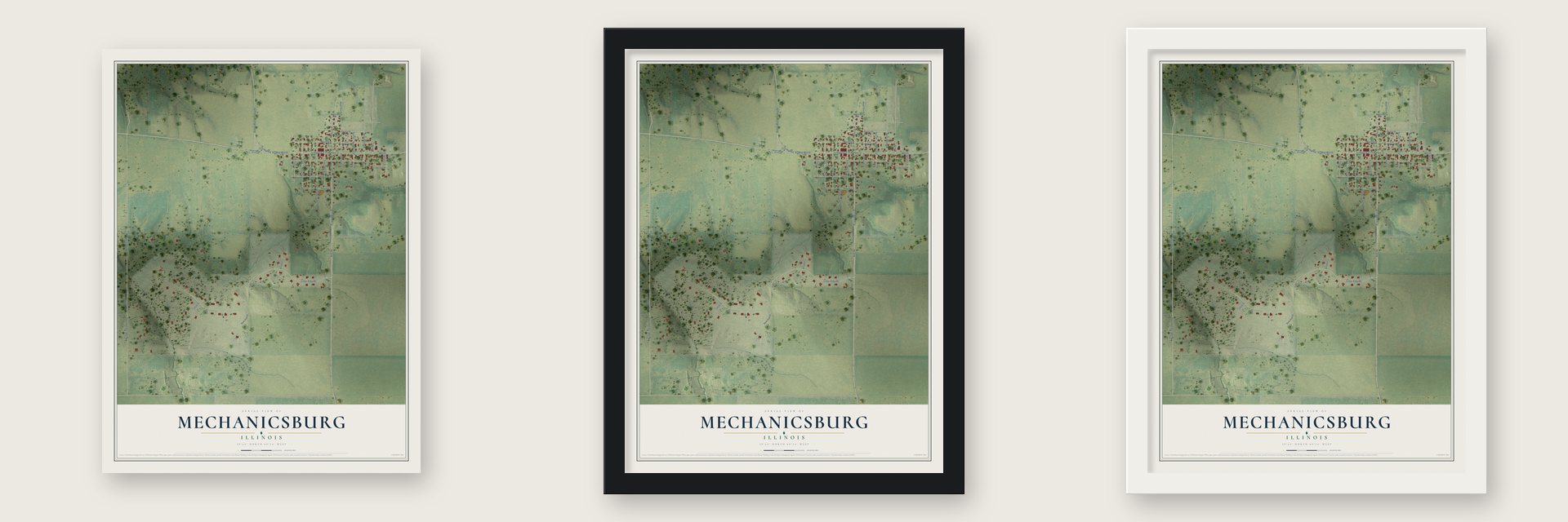 Mechanicsburg, Illinois map unframed, in a black wood frame and in a white wood frame