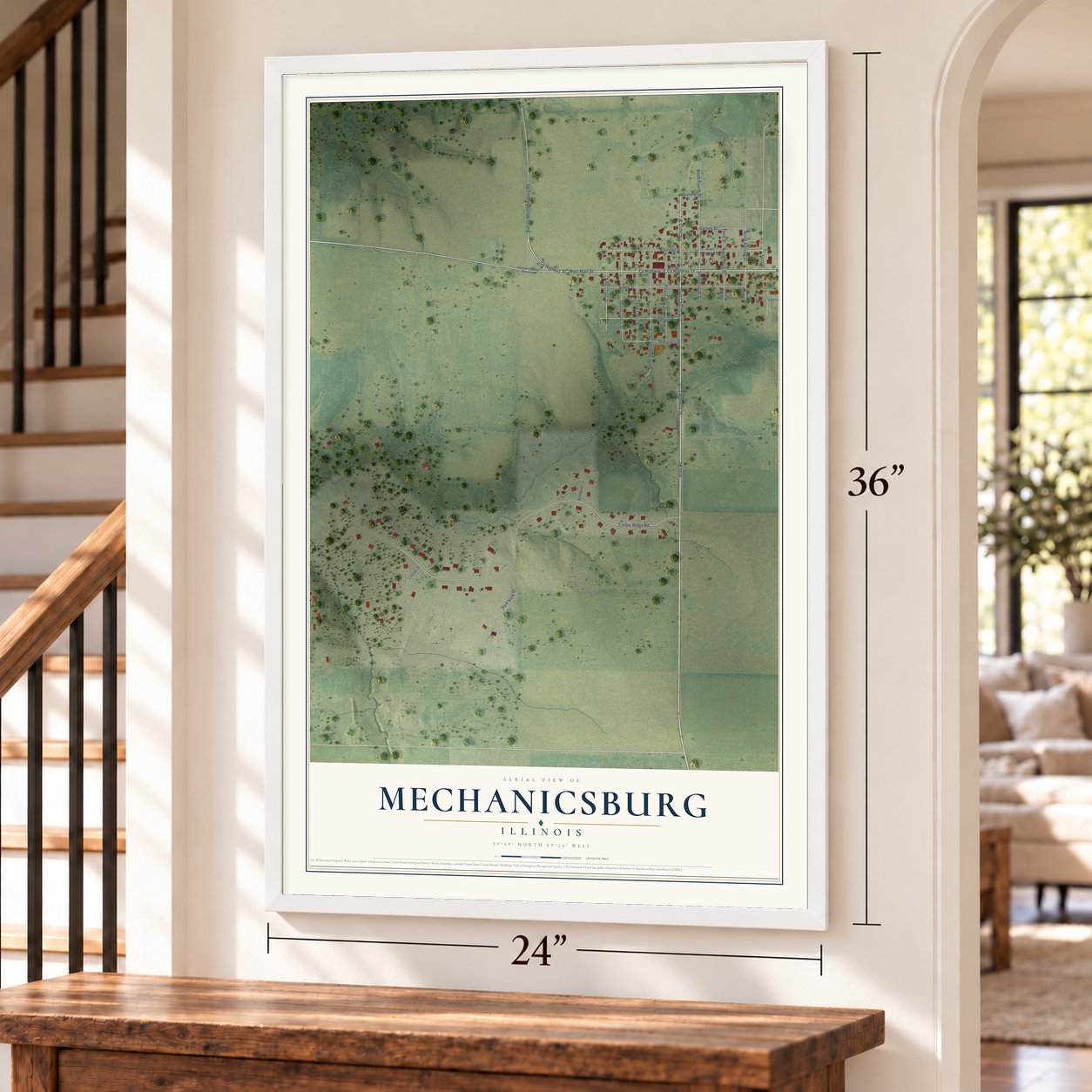 Mechanicsburg, Illinois map, 24 x 36 inch print in a white frame by a staircase
