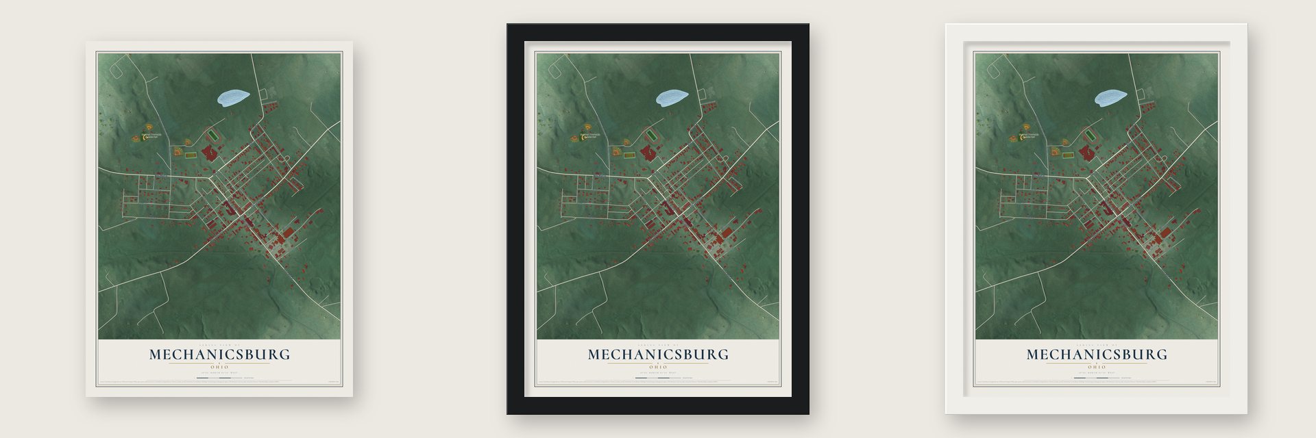 Mechanicsburg, Ohio map unframed, in a black wood frame and in a white wood frame