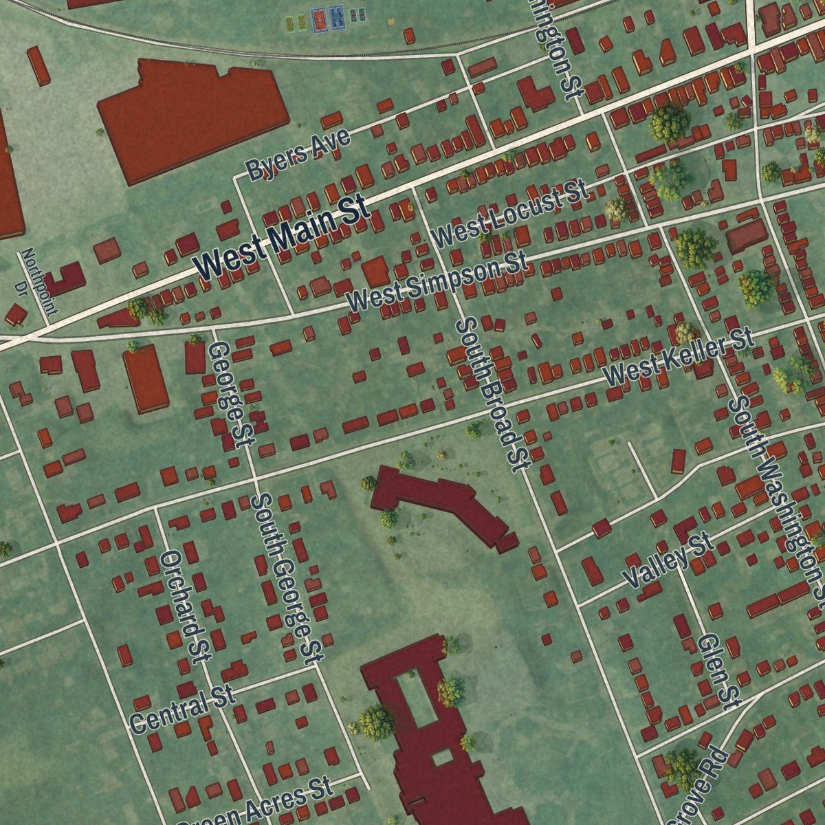 Second close-up of the map of Mechanicsburg, Pennsylvania print showing more streets and buildings