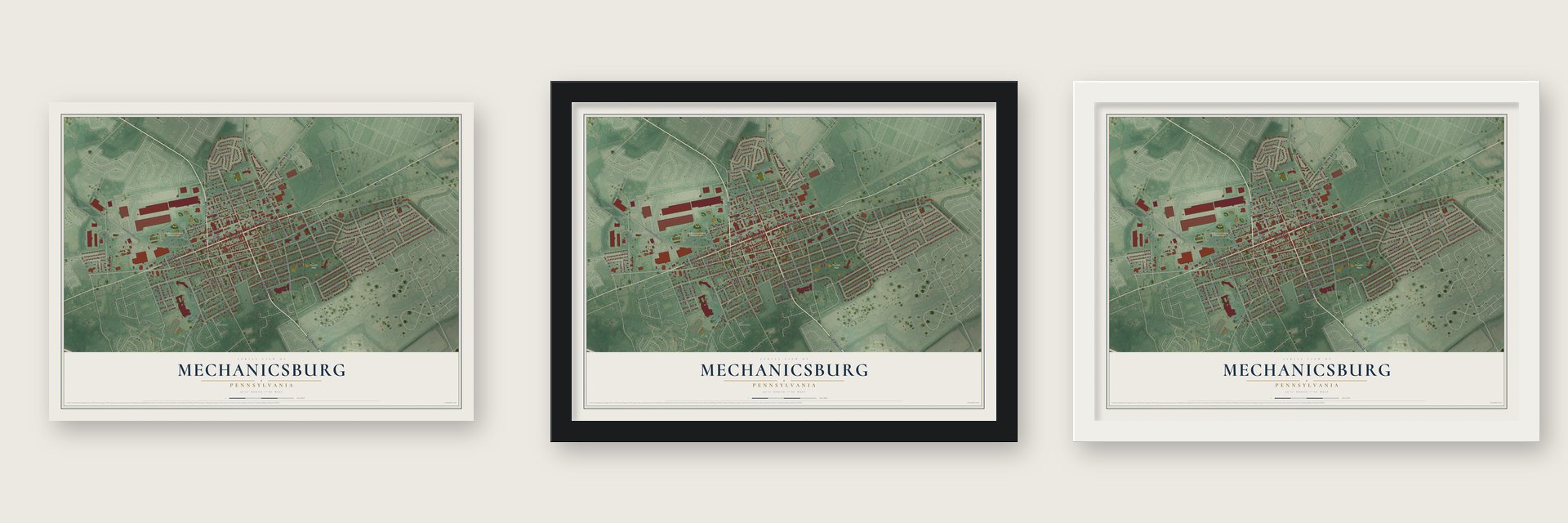Mechanicsburg, Pennsylvania map unframed, in a black wood frame and in a white wood frame