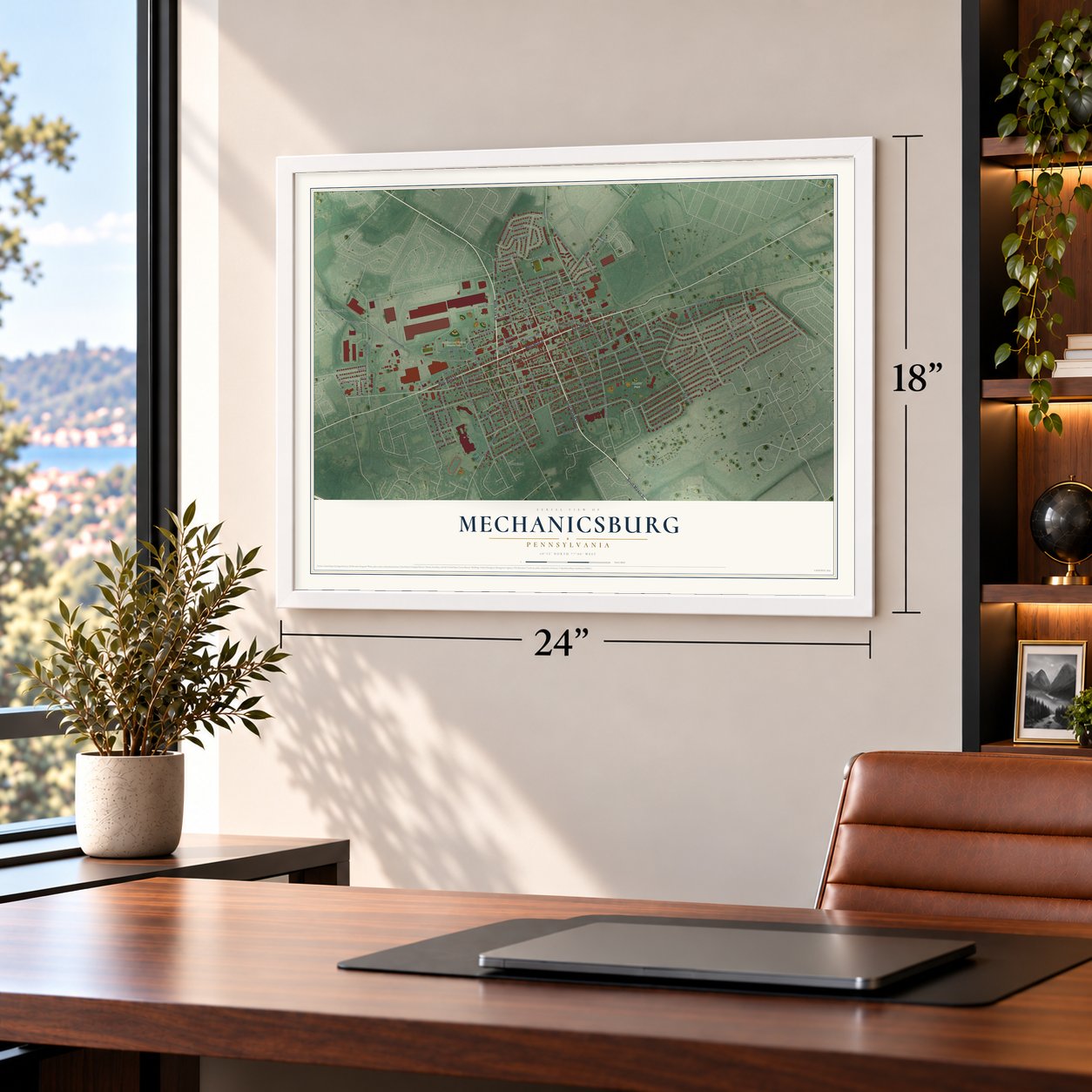 Mechanicsburg, Pennsylvania map, 18 x 24 inch print in a white frame in a home office
