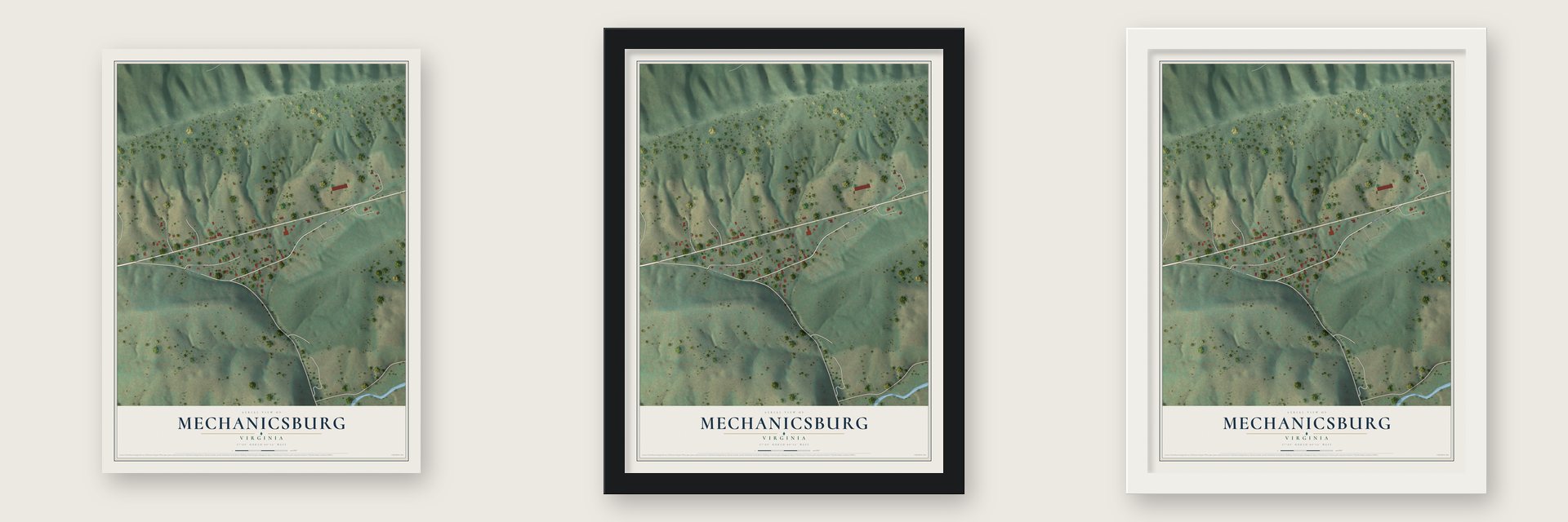 Mechanicsburg, Virginia map unframed, in a black wood frame and in a white wood frame