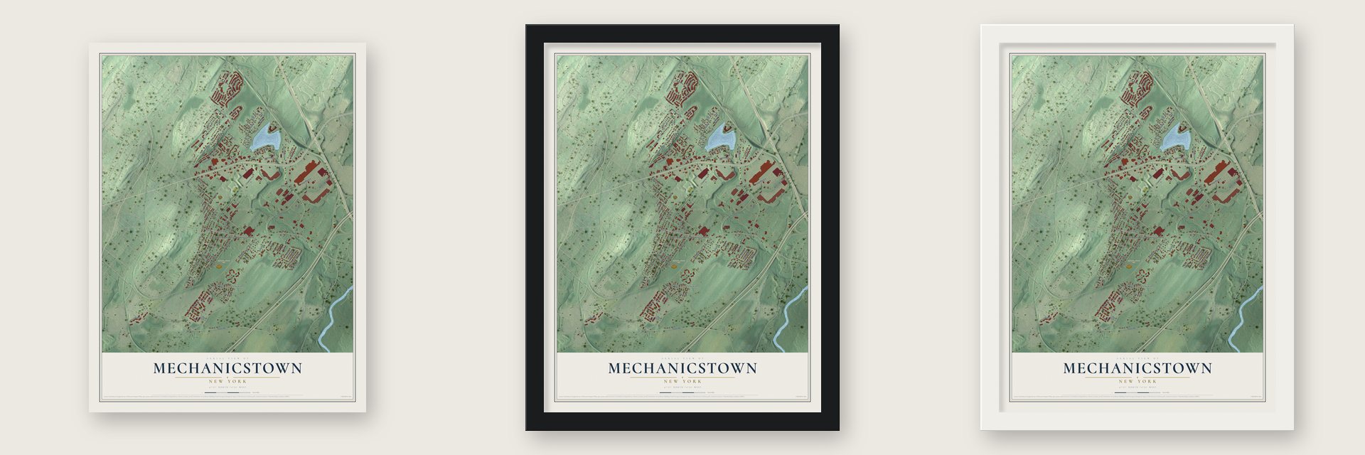 Mechanicstown, New York map unframed, in a black wood frame and in a white wood frame