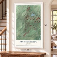 Mechanicstown, New York map, 24 x 36 inch print in a white frame by a staircase