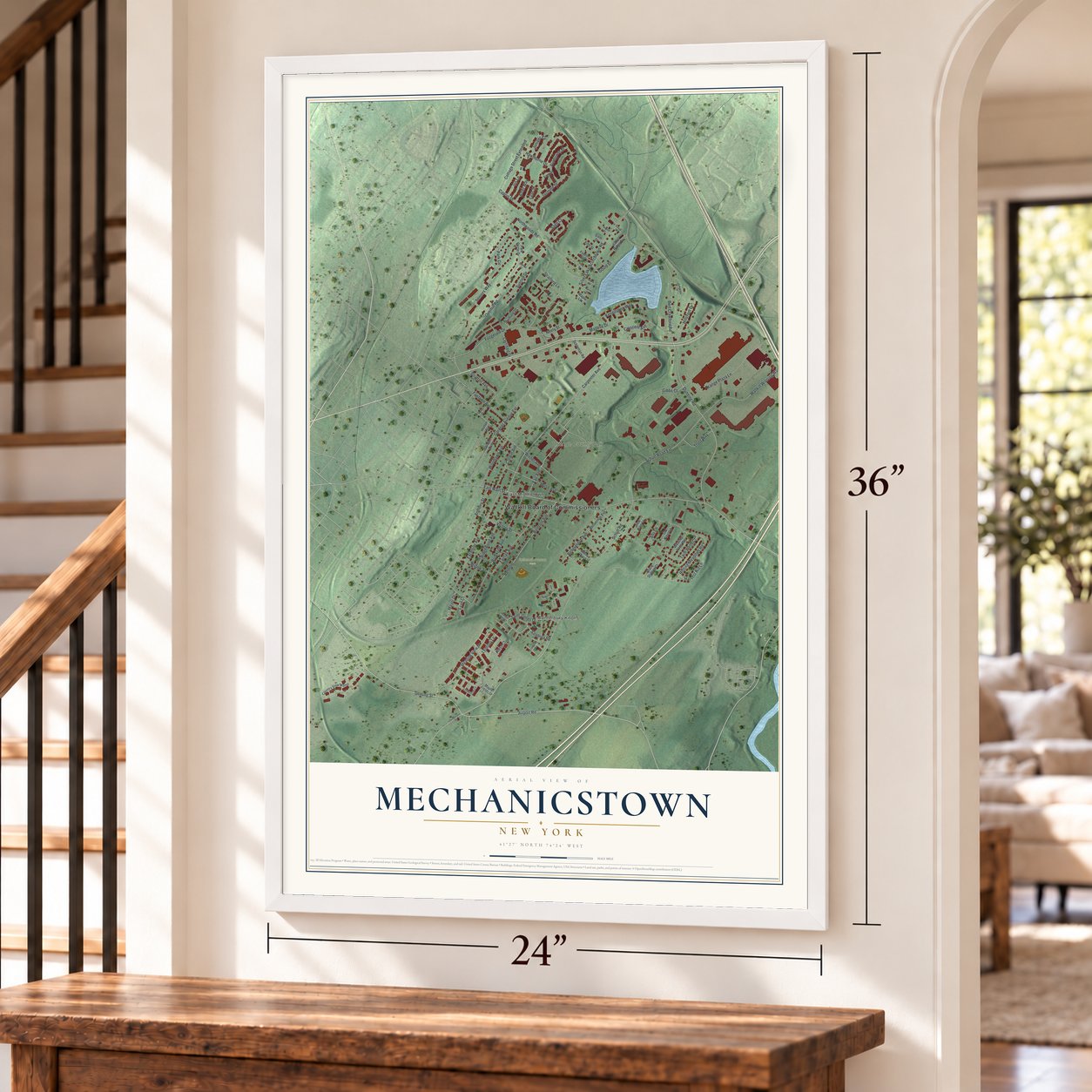 Mechanicstown, New York map, 24 x 36 inch print in a white frame by a staircase