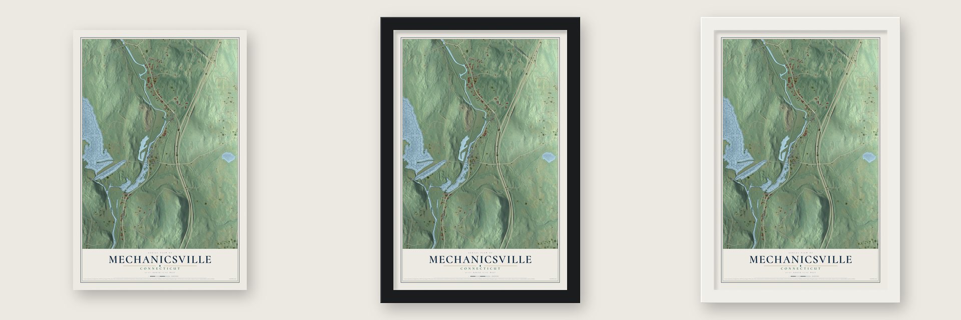Mechanicsville, Connecticut map unframed, in a black wood frame and in a white wood frame