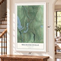 Mechanicsville, Connecticut map, 24 x 36 inch print in a white frame by a staircase