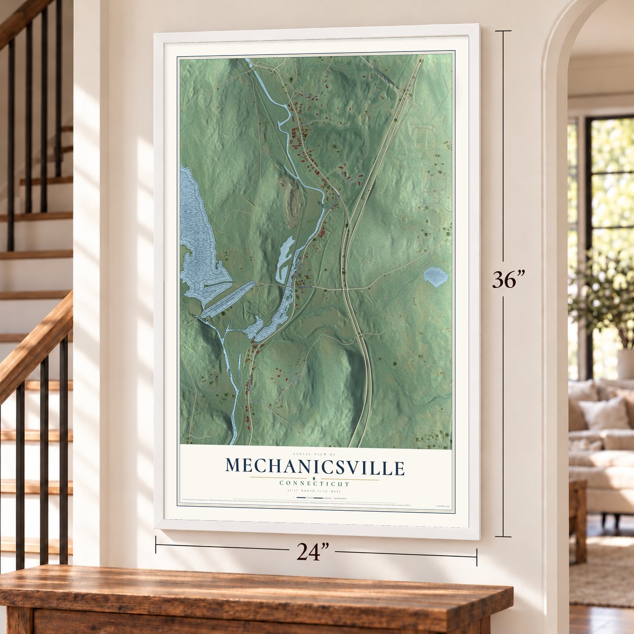 Mechanicsville, Connecticut map, 24 x 36 inch print in a white frame by a staircase