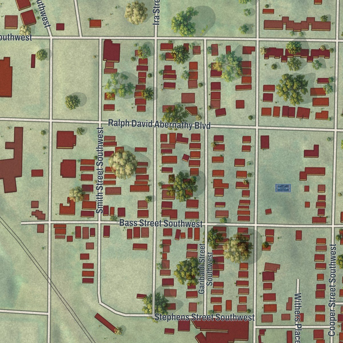 Second close-up of the map of Mechanicsville, Georgia print showing more streets and buildings