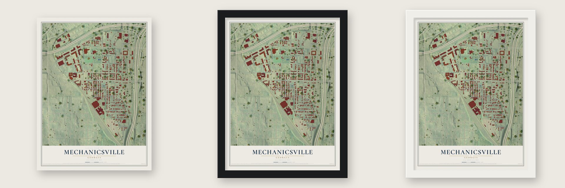 Mechanicsville, Georgia map unframed, in a black wood frame and in a white wood frame