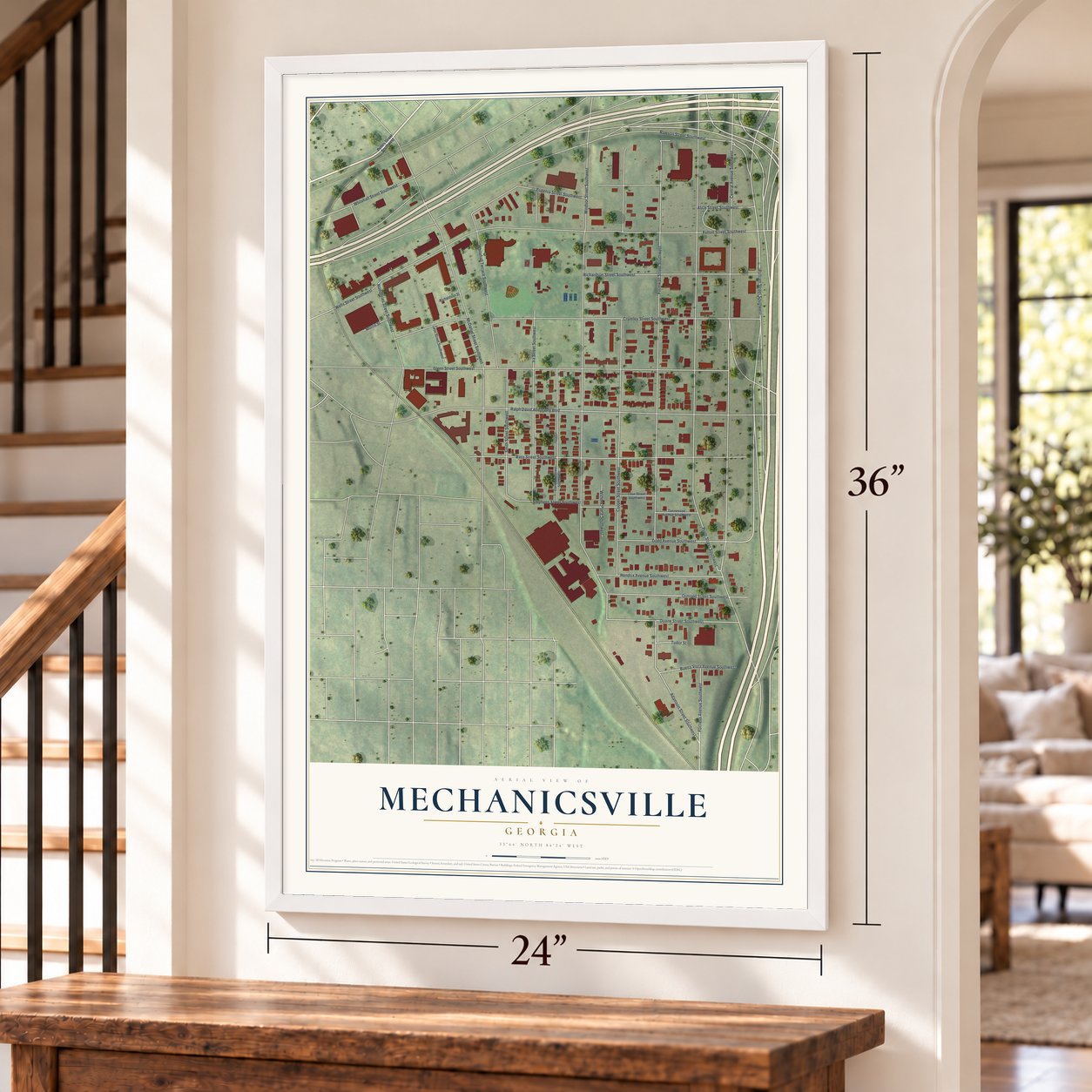 Mechanicsville, Georgia map, 24 x 36 inch print in a white frame by a staircase