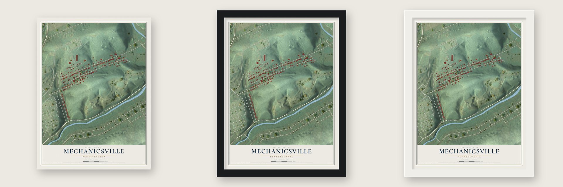 Mechanicsville, Pennsylvania map unframed, in a black wood frame and in a white wood frame