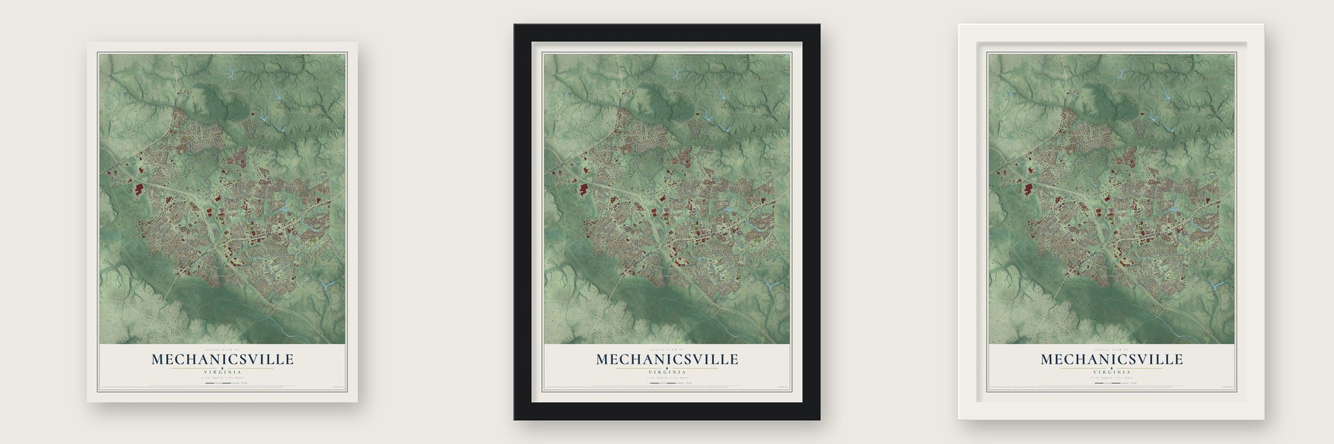 Mechanicsville, Virginia map unframed, in a black wood frame and in a white wood frame