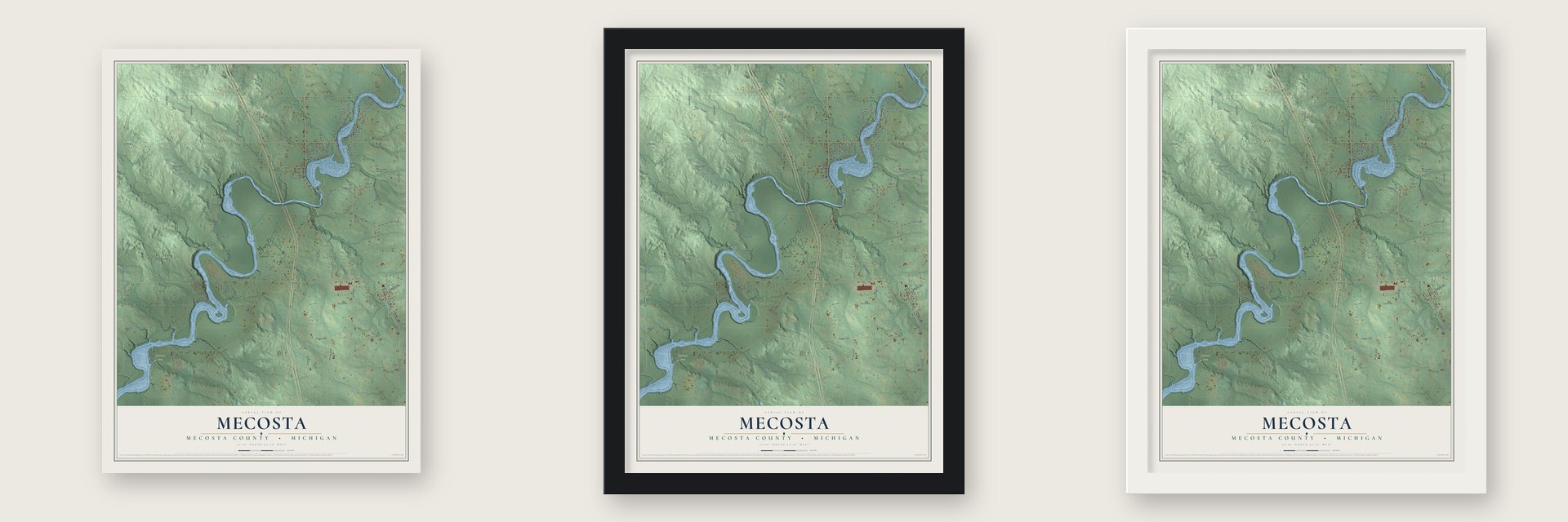 Mecosta, Mecosta County, Michigan map unframed, in a black wood frame and in a white wood frame