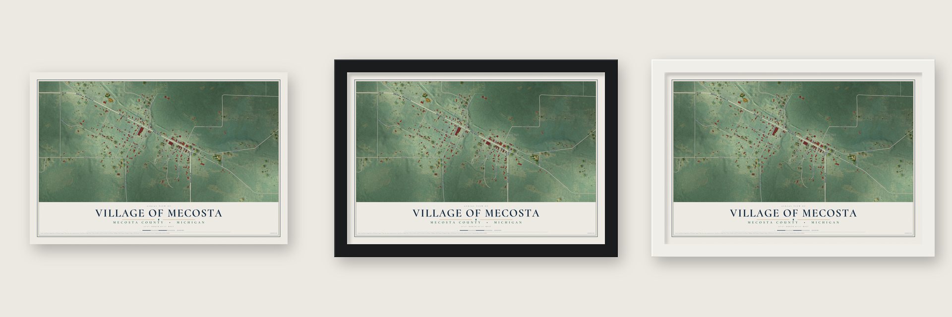 Mecosta, Michigan map unframed, in a black wood frame and in a white wood frame