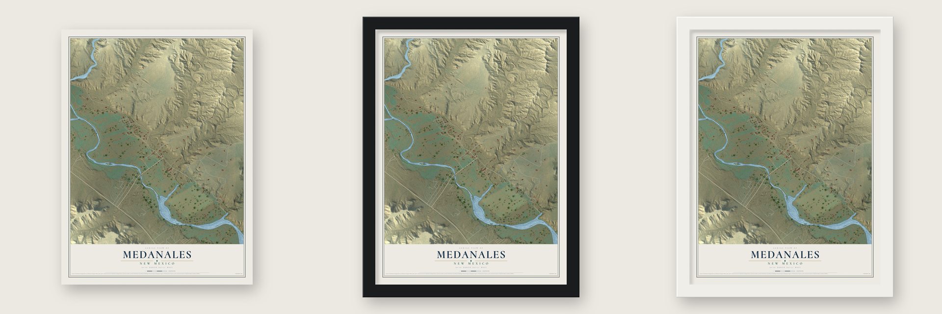 Medanales, New Mexico map unframed, in a black wood frame and in a white wood frame