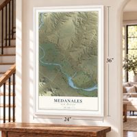 Medanales, New Mexico map, 24 x 36 inch print in a white frame by a staircase