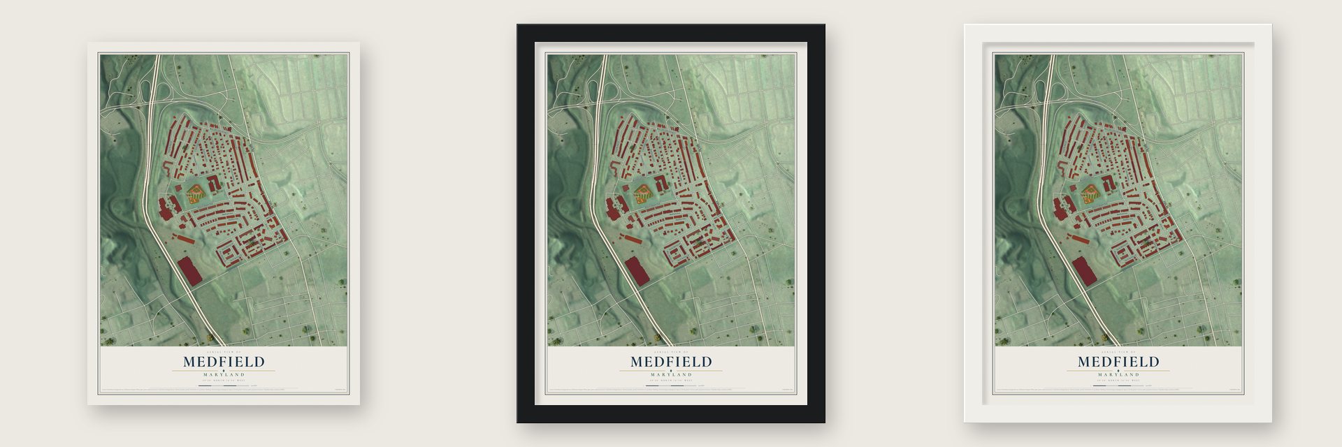 Medfield, Maryland map unframed, in a black wood frame and in a white wood frame
