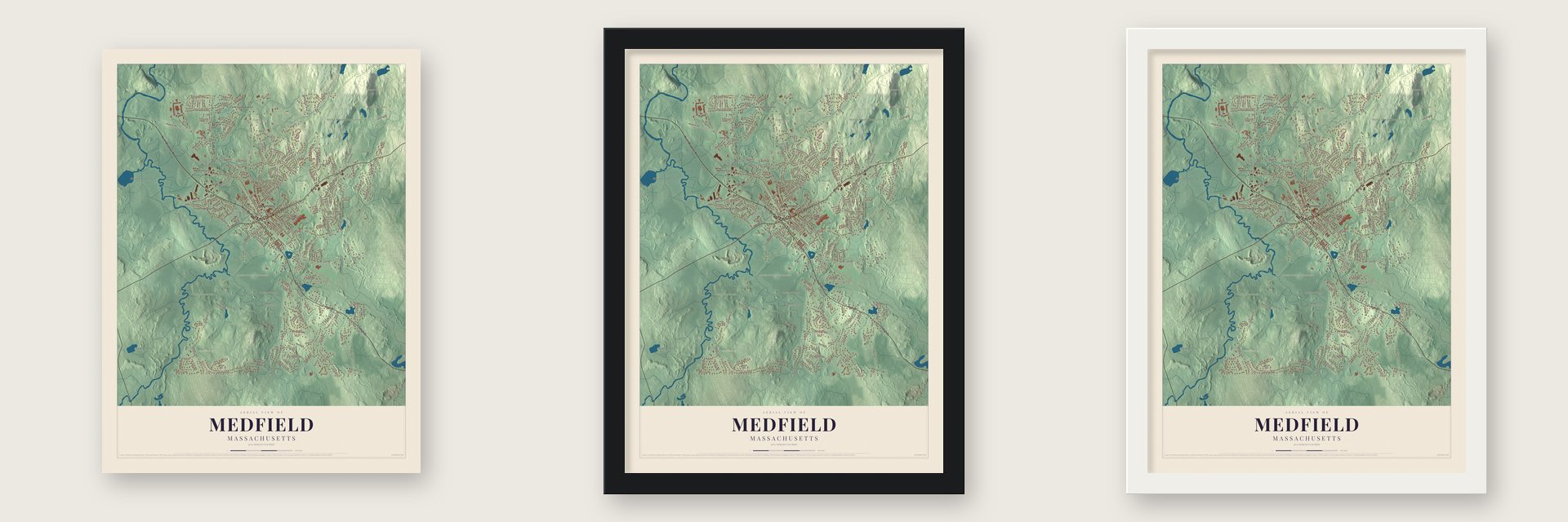 Medfield, Massachusetts map unframed, in a black wood frame and in a white wood frame