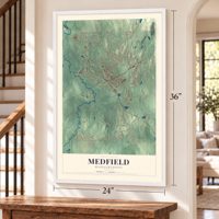 Medfield, Massachusetts map, 24 x 36 inch print in a white frame by a staircase