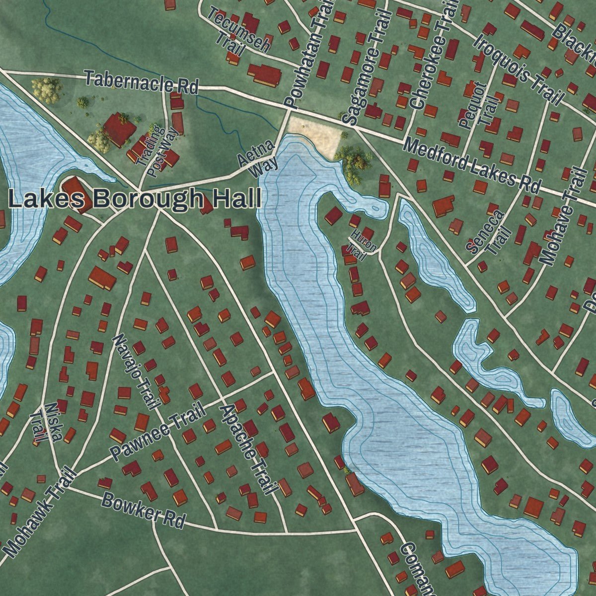 Second close-up of the map of Medford Lakes, New Jersey print showing more streets and buildings