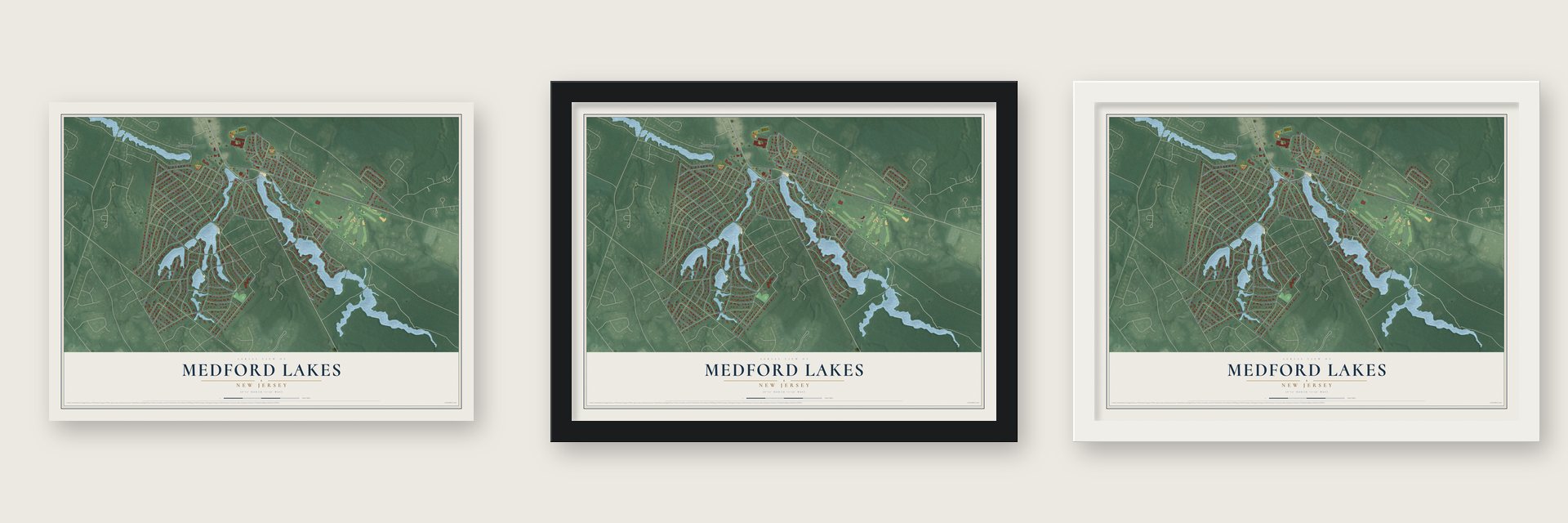 Medford Lakes, New Jersey map unframed, in a black wood frame and in a white wood frame