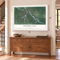 Medford Lakes, New Jersey map, 24 x 36 inch print in a white frame above a dresser by a staircase