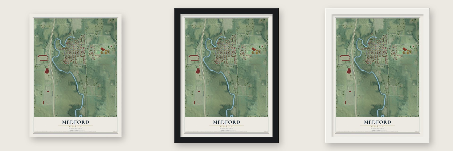 Medford, Minnesota map unframed, in a black wood frame and in a white wood frame