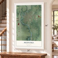 Medford, Minnesota map, 24 x 36 inch print in a white frame by a staircase