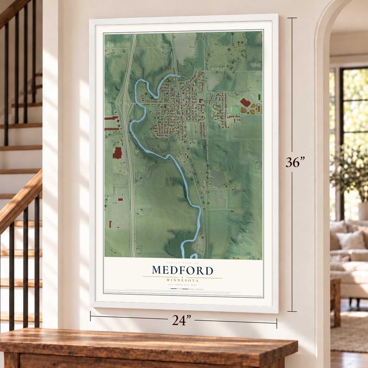 Medford, Minnesota map, 24 x 36 inch print in a white frame by a staircase