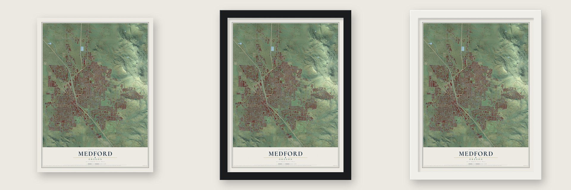 Medford, Oregon map unframed, in a black wood frame and in a white wood frame