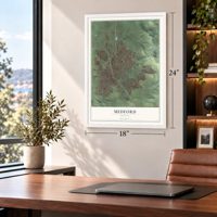 Medford, Oregon map, 18 x 24 inch print in a white frame in a home office