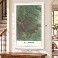 Medford, Oregon map, 24 x 36 inch print in a white frame by a staircase