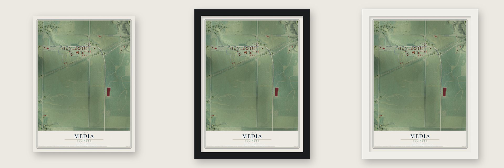 Media, Illinois map unframed, in a black wood frame and in a white wood frame