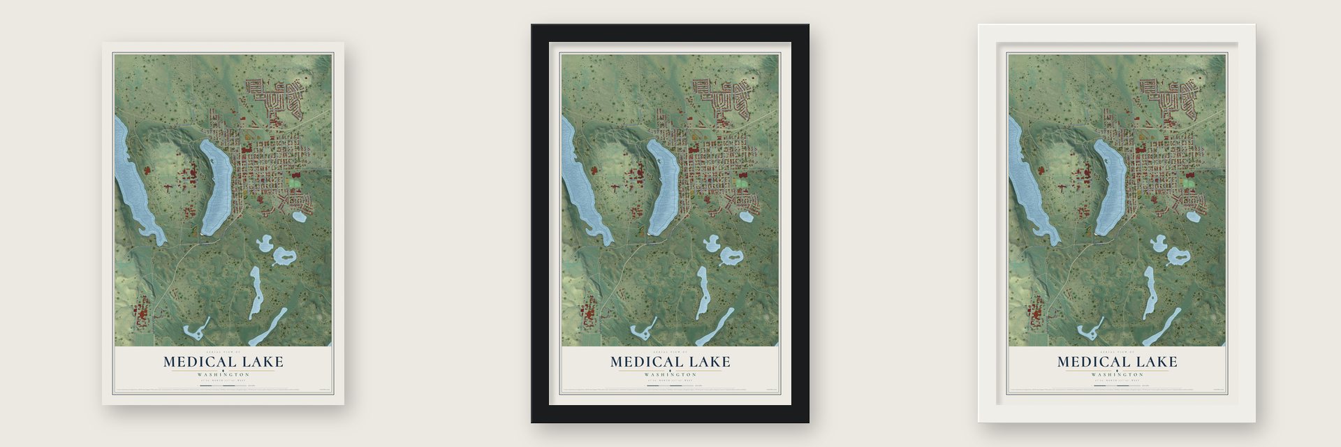 Medical Lake, Washington map unframed, in a black wood frame and in a white wood frame